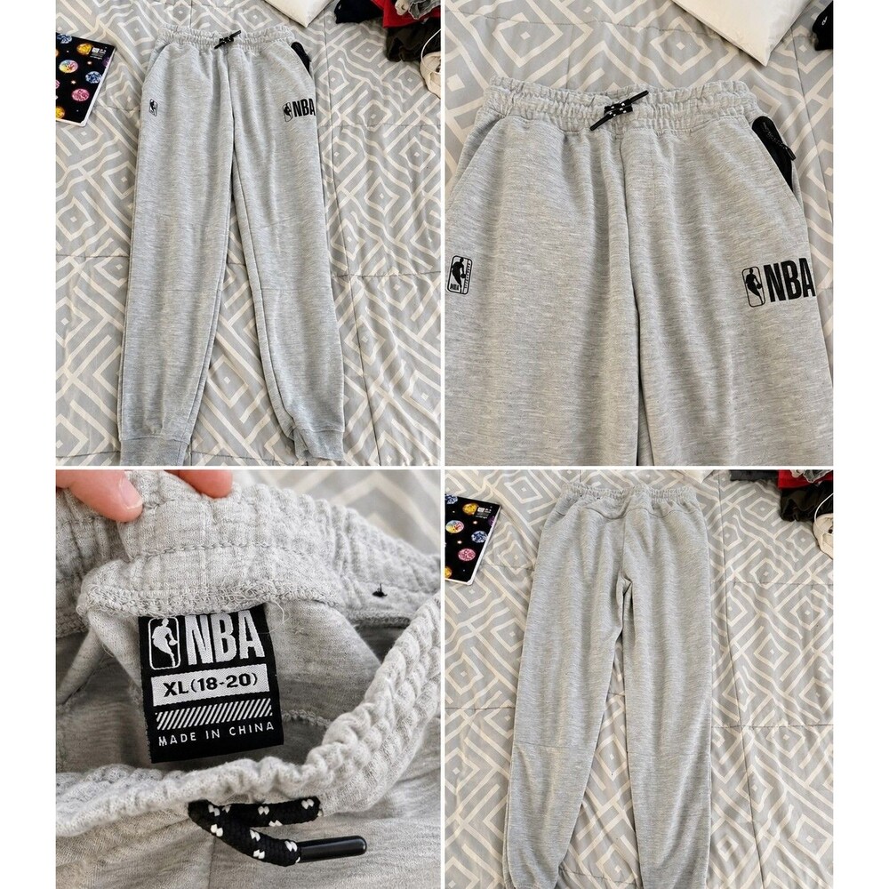 NBA Boys Gray Fleece Jogger Pants XL (18-20) Drawstring Elastic Waist Logo